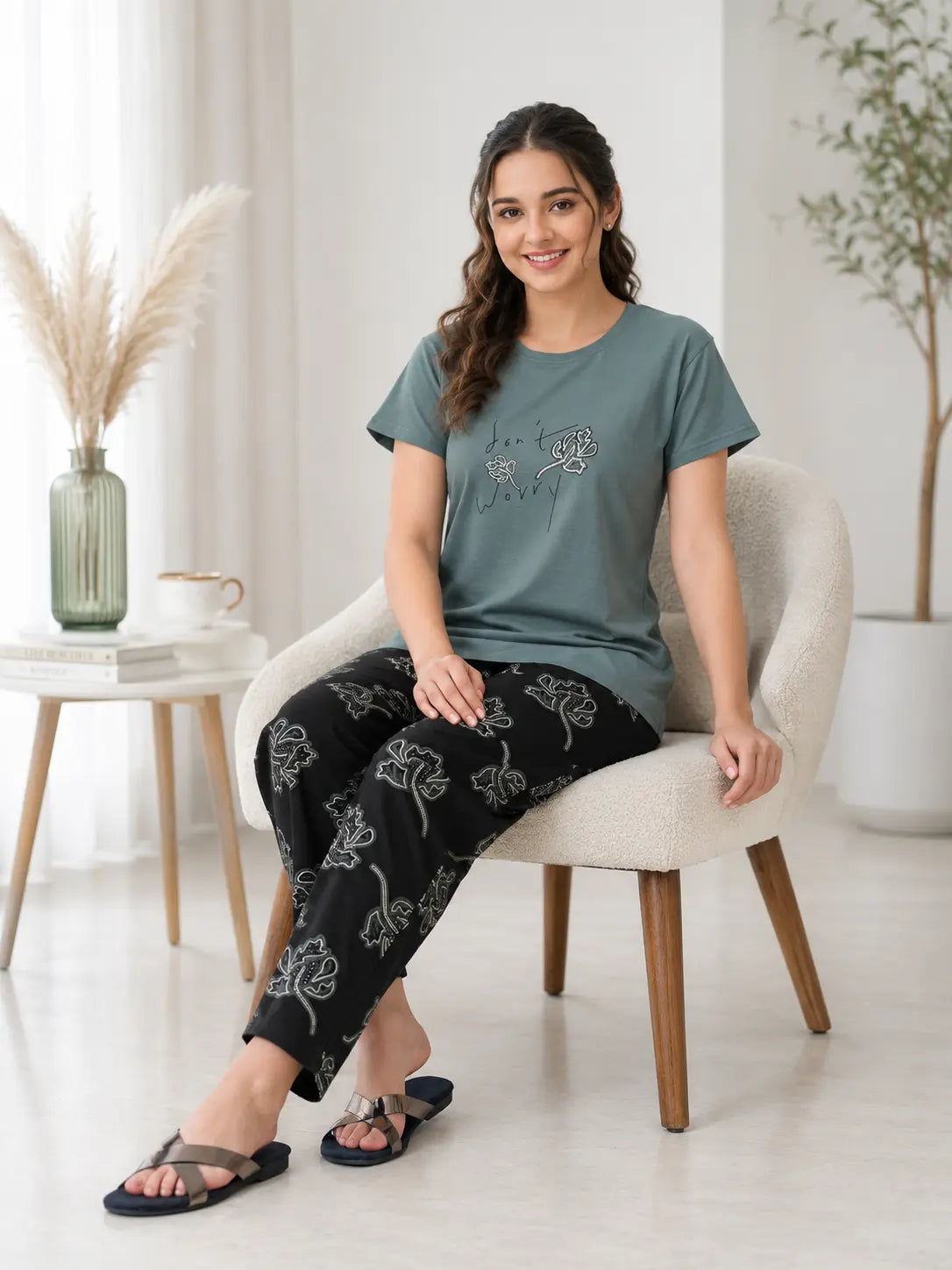 Olive Green Don't Worry Nightsuit Set