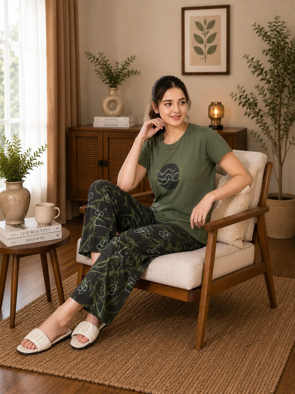 Olive Green Life Is A Wave Nightsuit Set