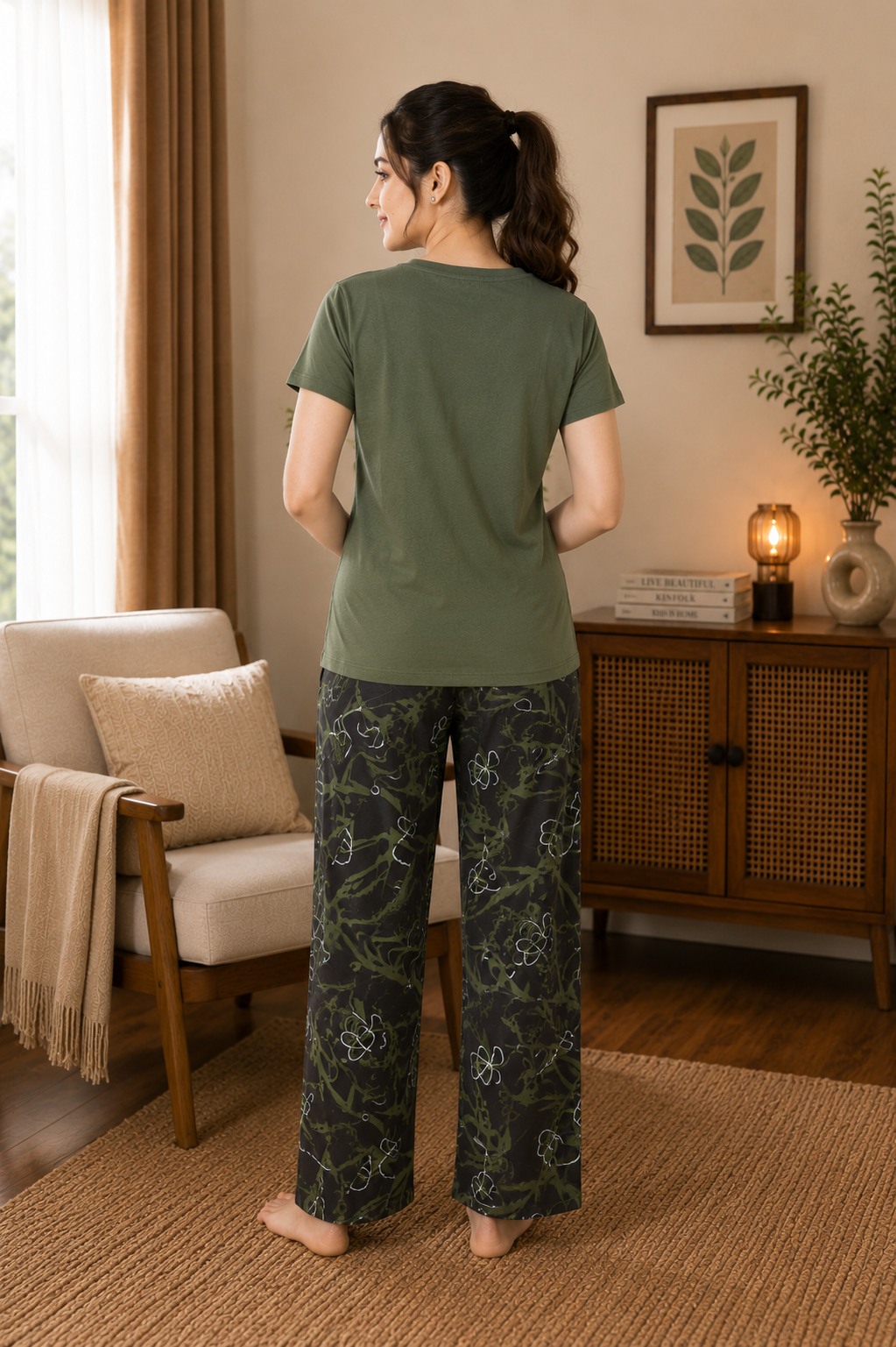 Olive Green Life Is A Wave Nightsuit Set