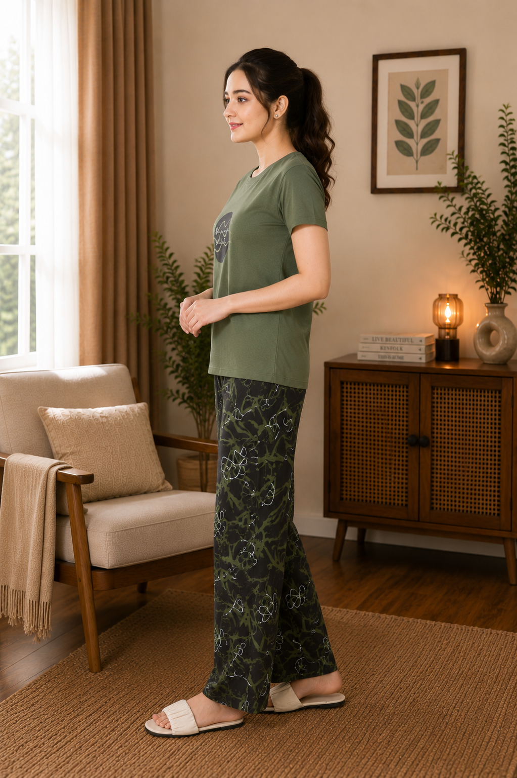 Olive Green Life Is A Wave Nightsuit Set