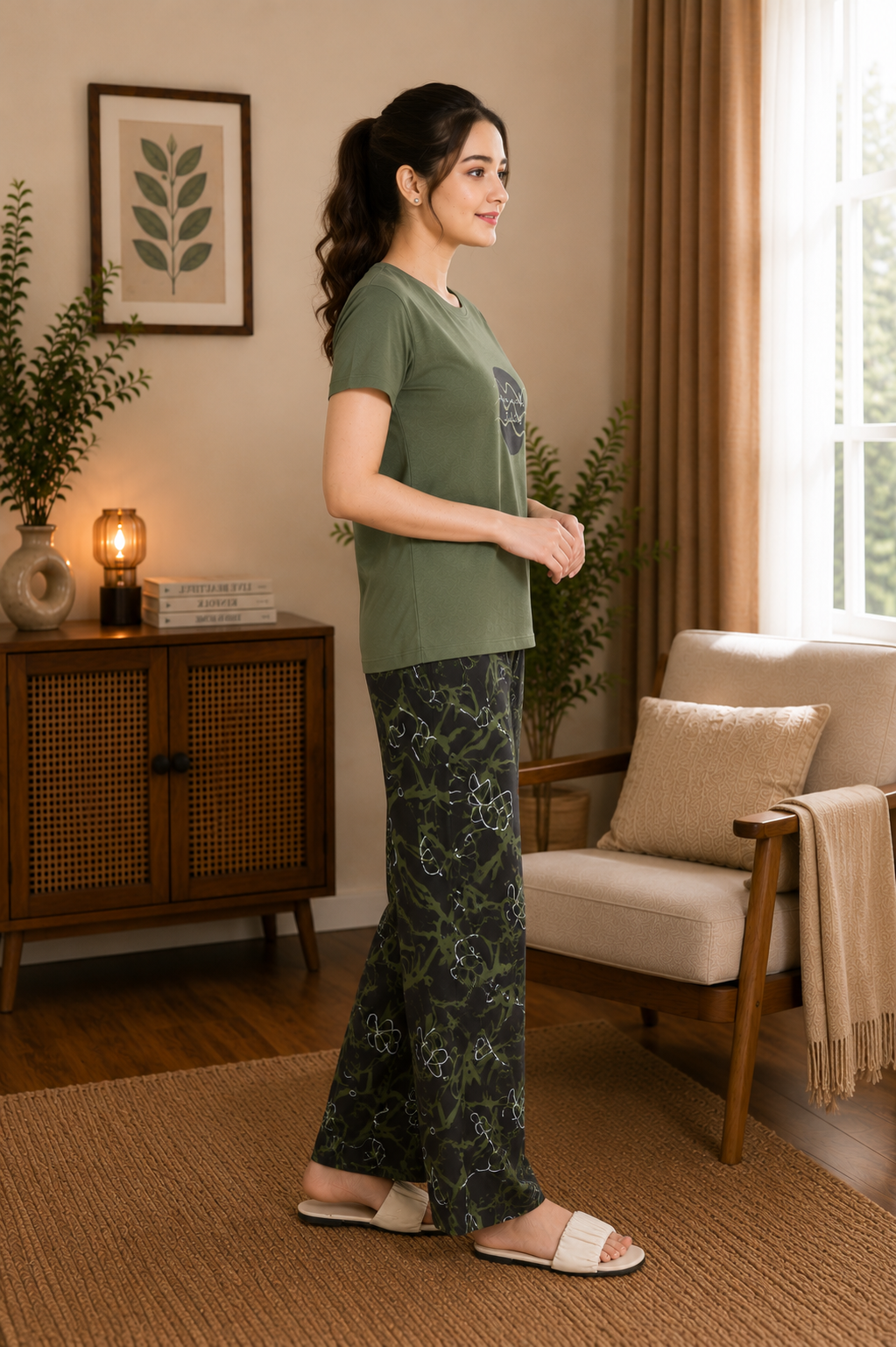 Olive Green Life Is A Wave Nightsuit Set