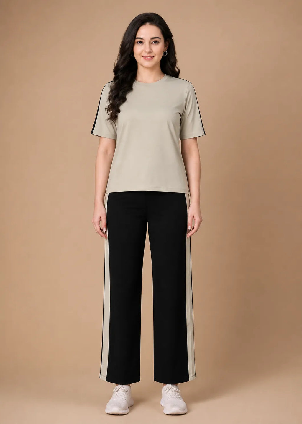 Beige and Black Striped Travelwear Co-ord Set