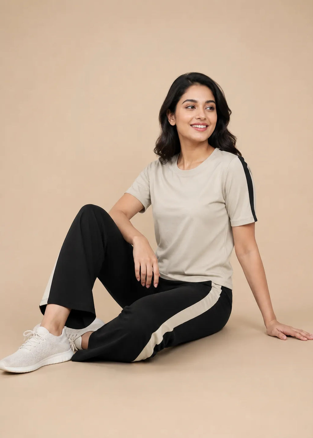 Beige and Black Striped Travelwear Co-ord Set