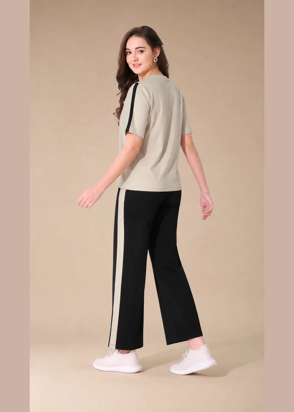 Beige and Black Striped Travelwear Co-ord Set