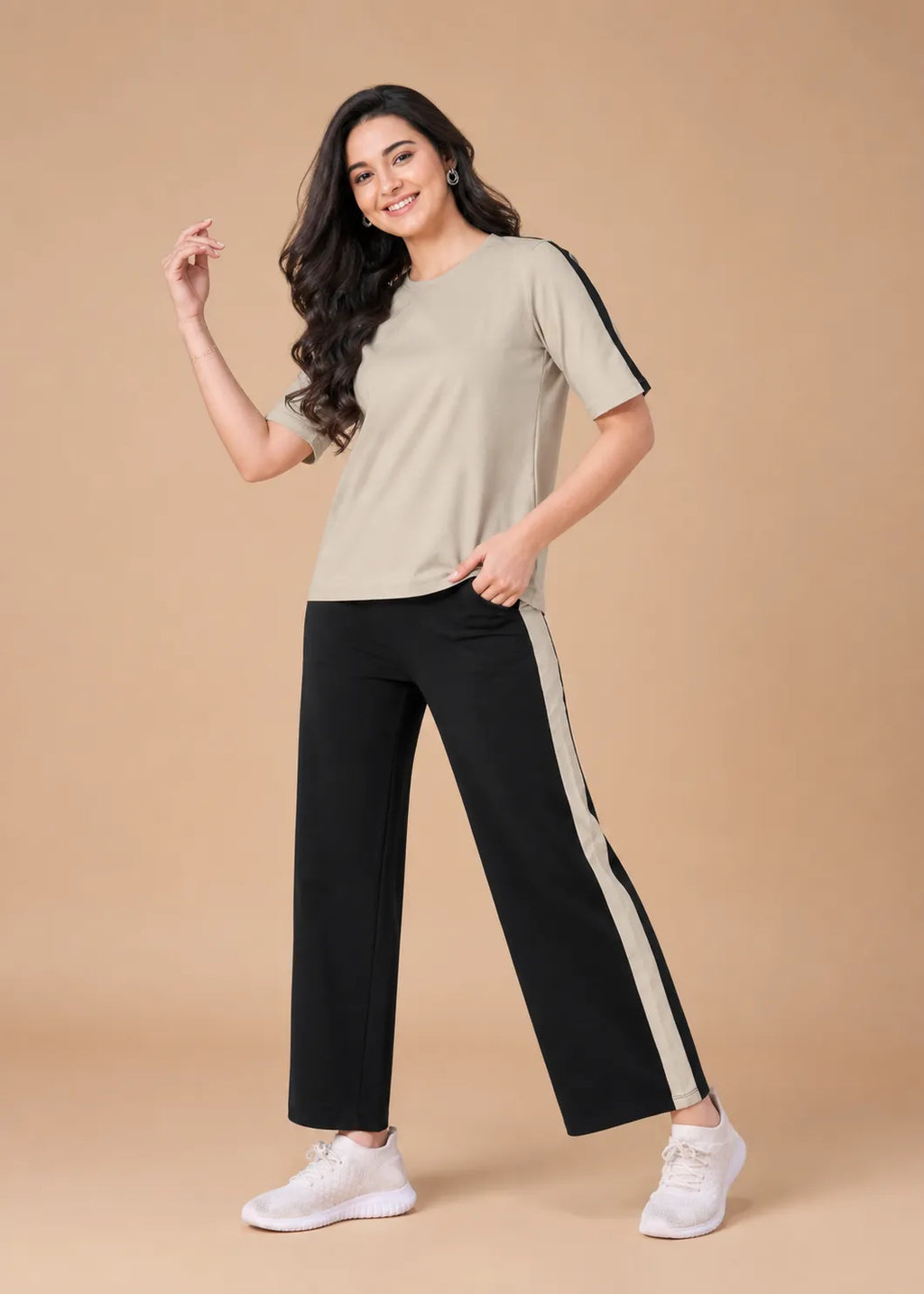 Beige and Black Striped Travelwear Co-ord Set