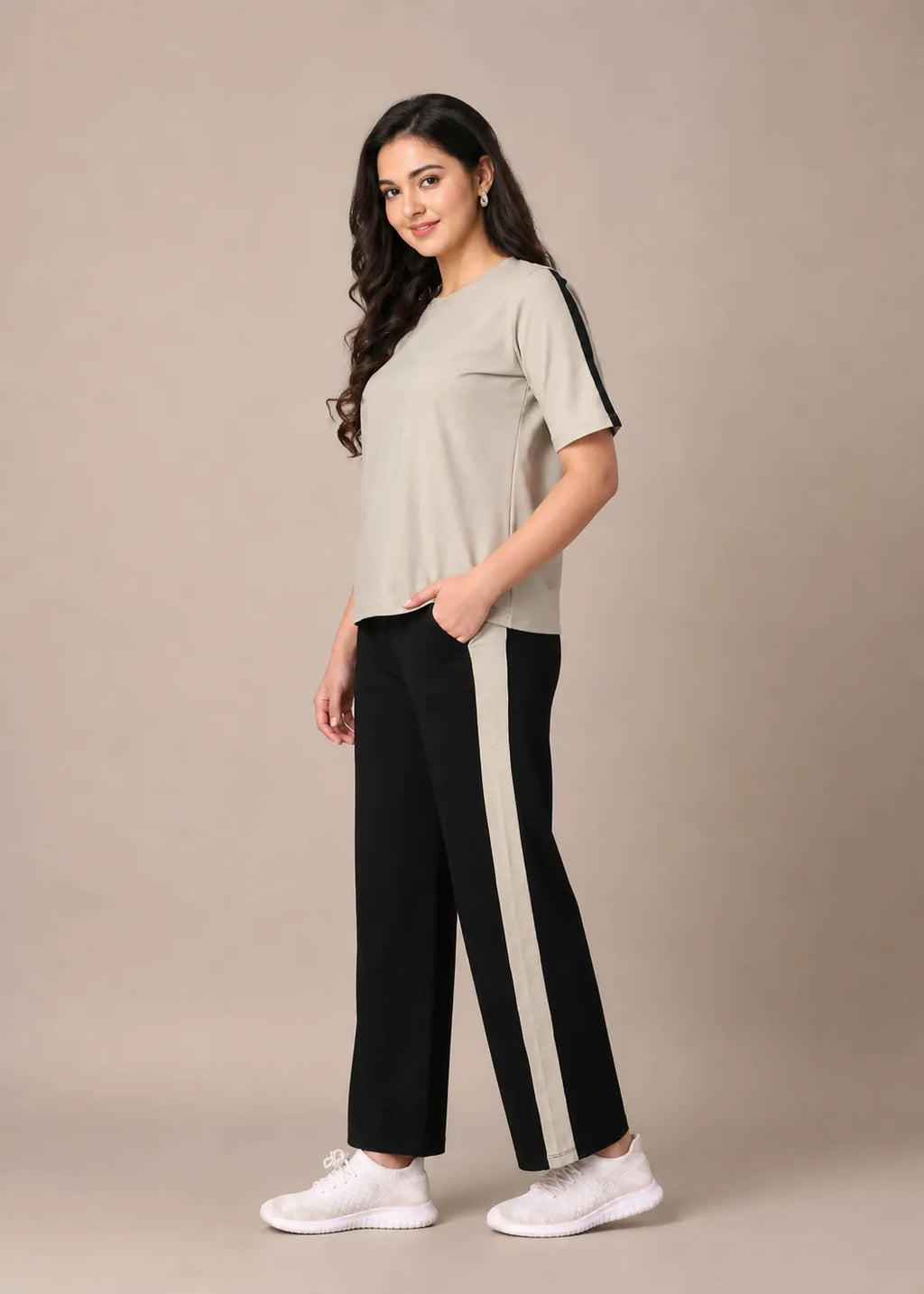 Beige and Black Striped Travelwear Co-ord Set