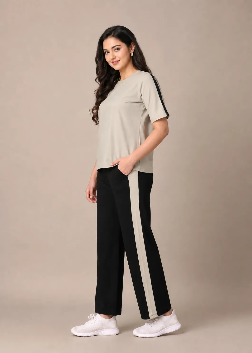Beige and Black Striped Travelwear Co-ord Set