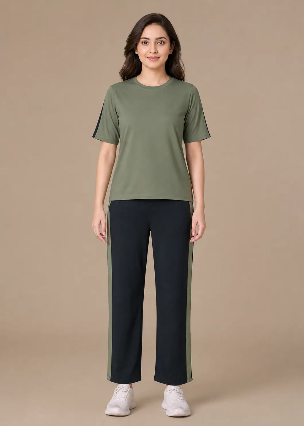 Olive Green and Black Striped Travelwear Co-ord Set