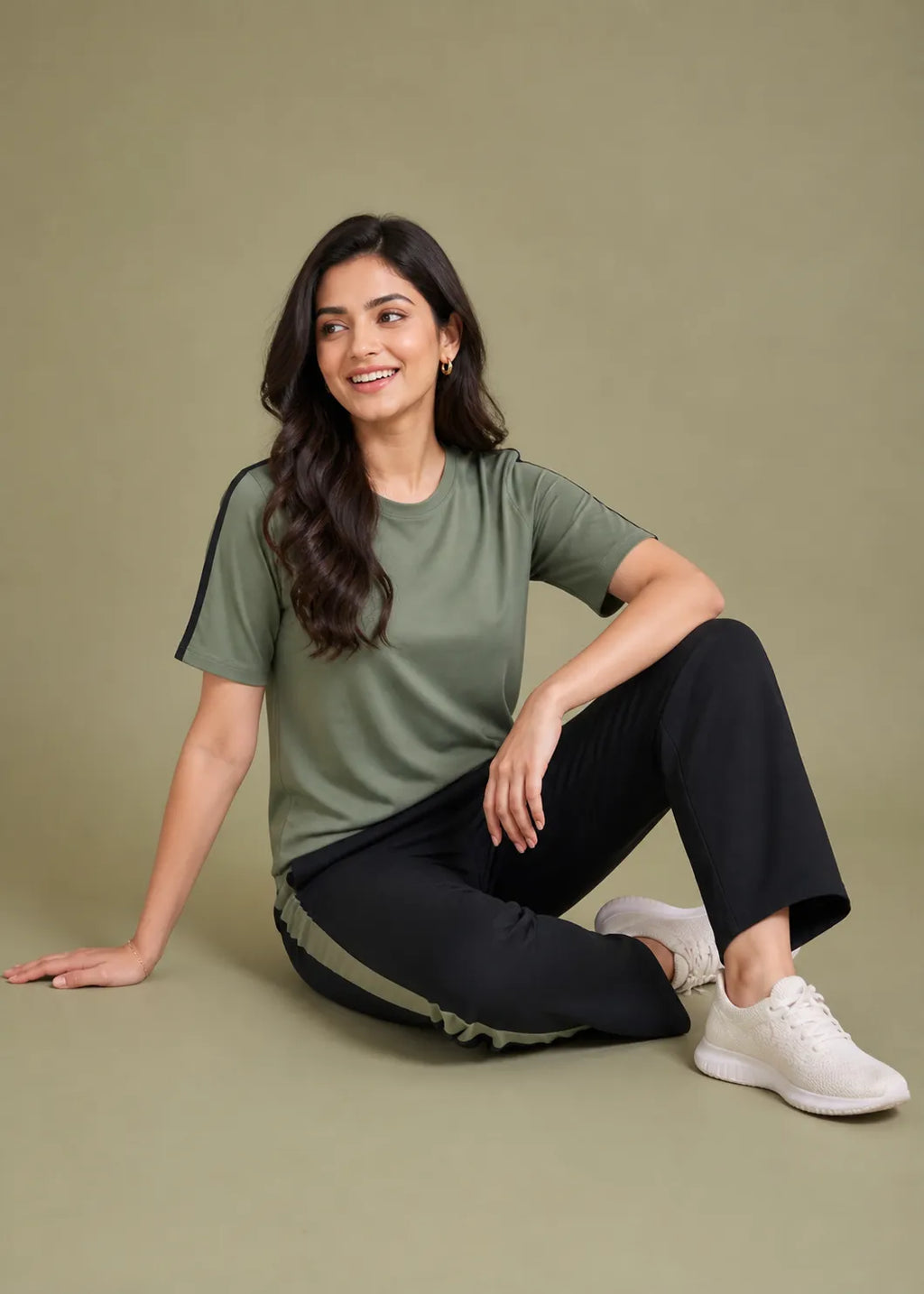 Olive Green and Black Striped Travelwear Co-ord Set