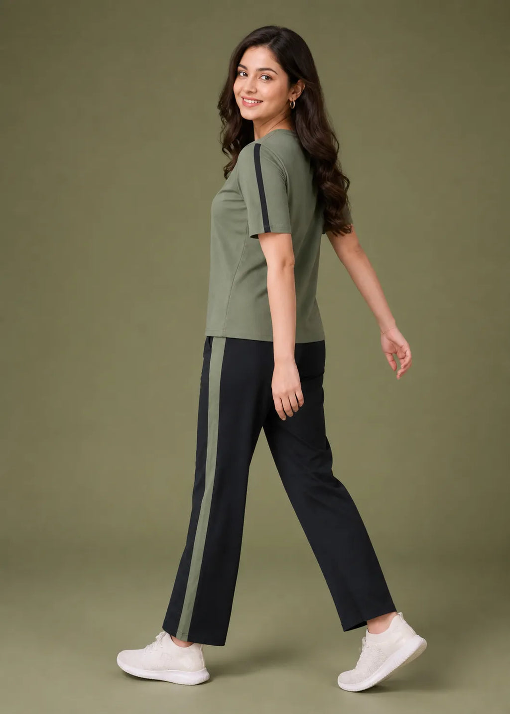 Olive Green and Black Striped Travelwear Co-ord Set