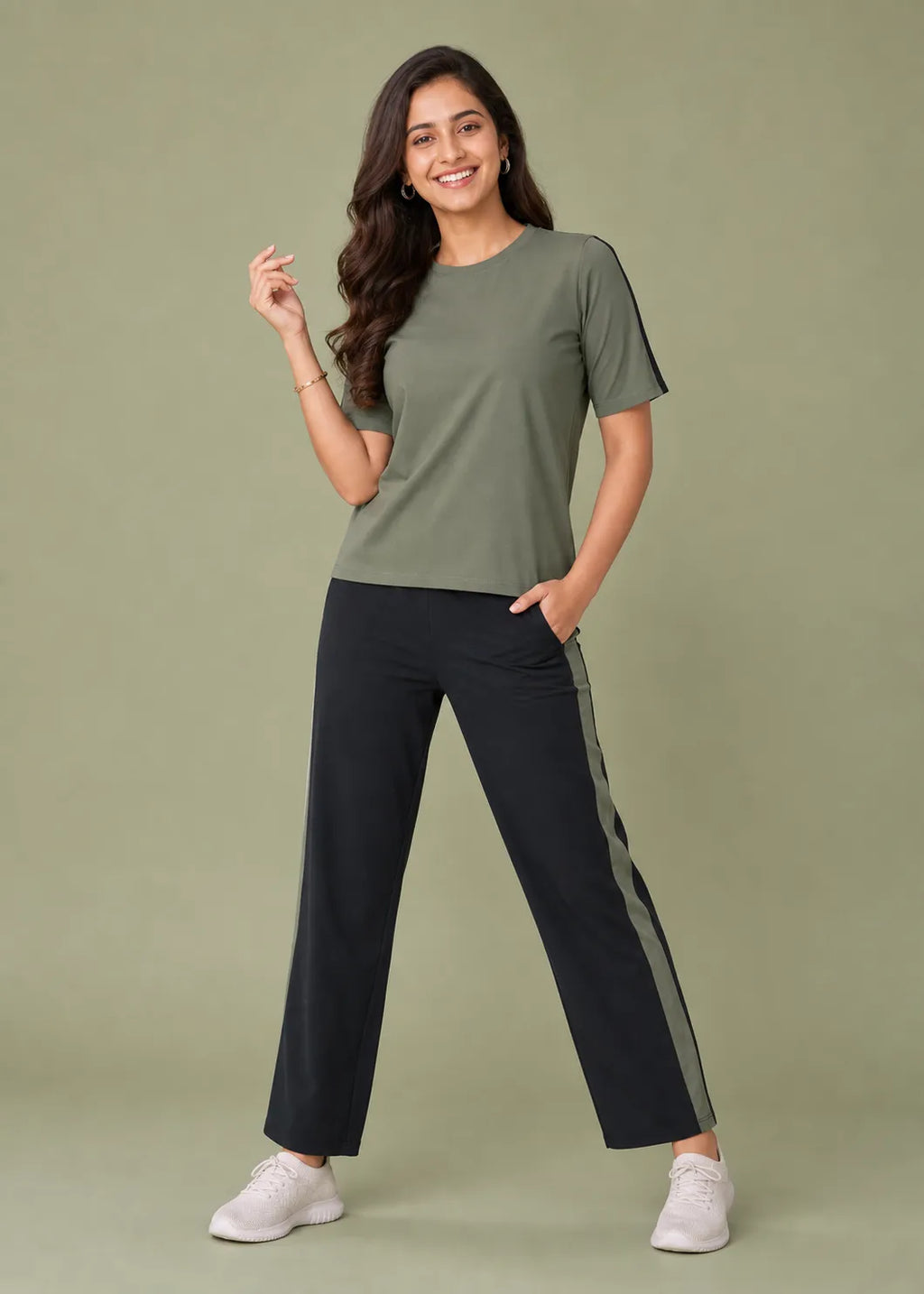 Olive Green and Black Striped Travelwear Co-ord Set