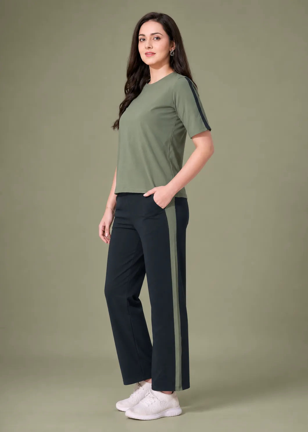Olive Green and Black Striped Travelwear Co-ord Set