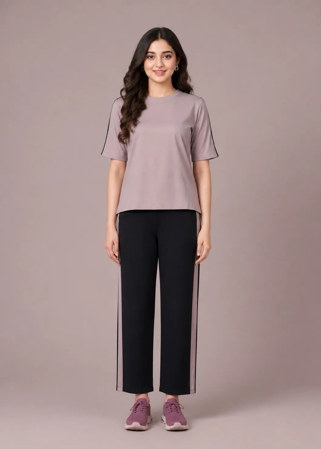 Mauve and Black Striped Travelwear Co-ord Set