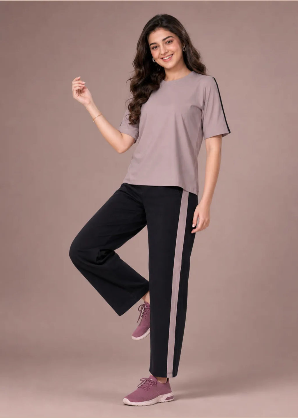Mauve and Black Striped Travelwear Co-ord Set
