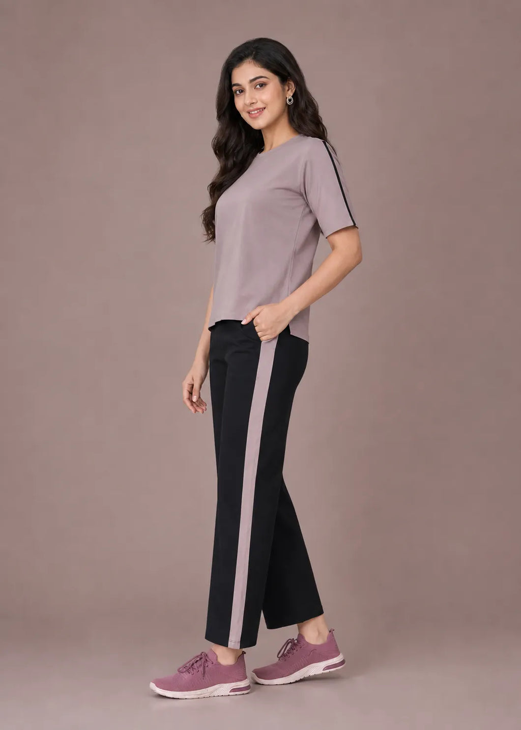 Mauve and Black Striped Travelwear Co-ord Set