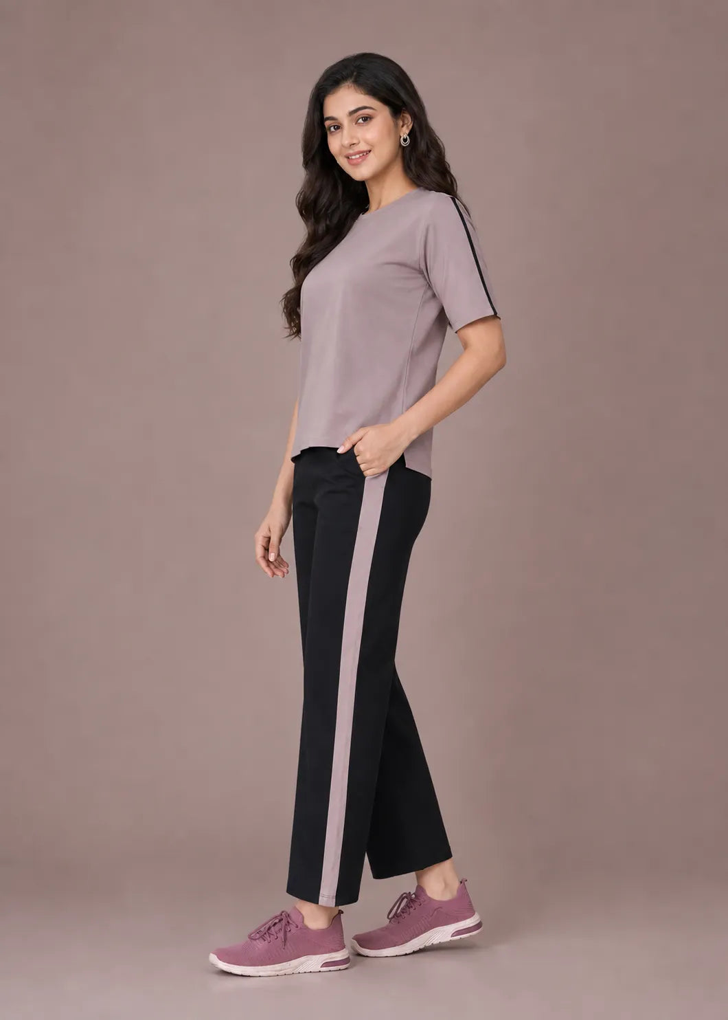 Mauve and Black Striped Travelwear Co-ord Set