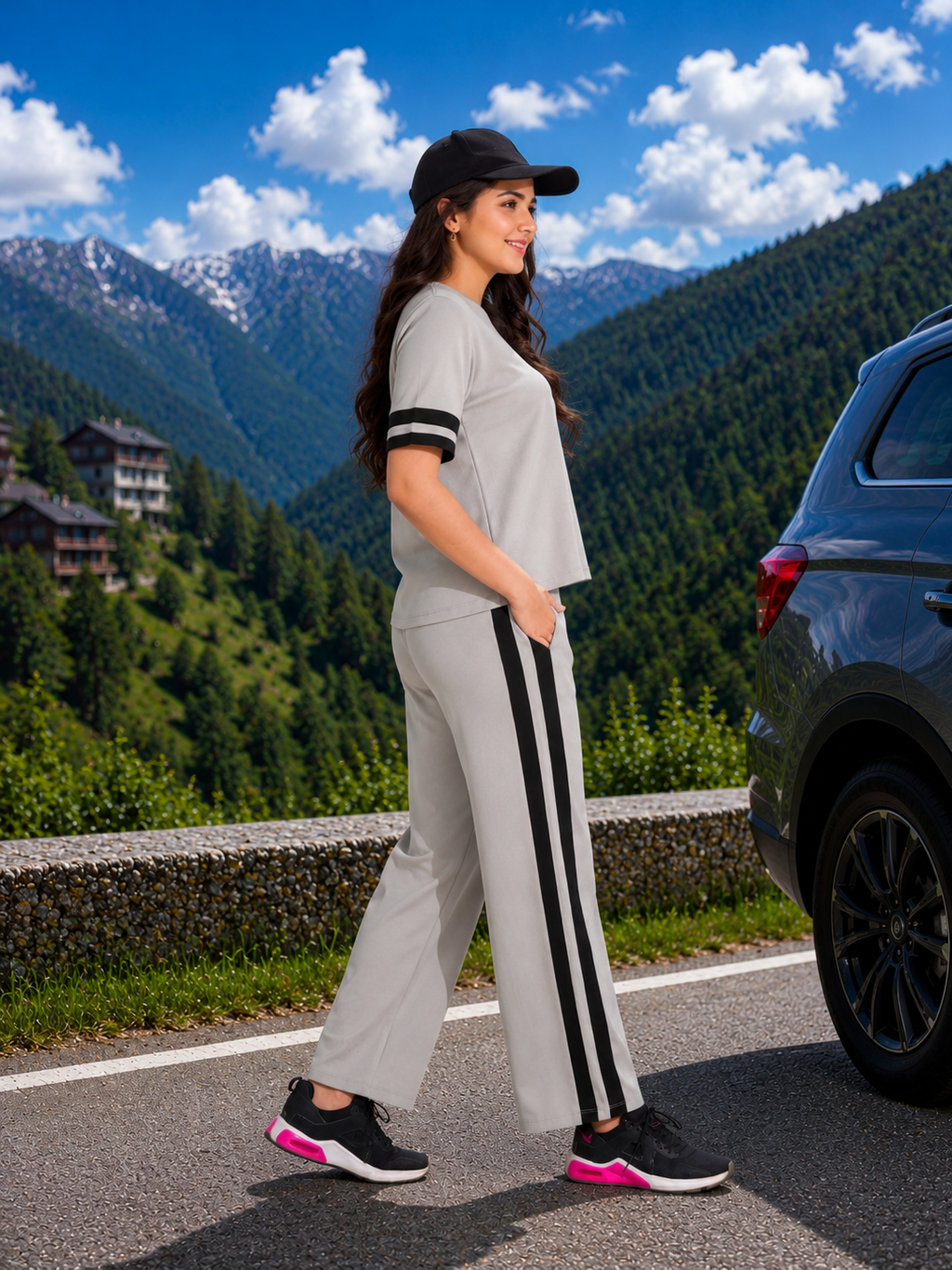 Woman in a gray tracksuit with black stripes standing next to a car in a mountainous area.