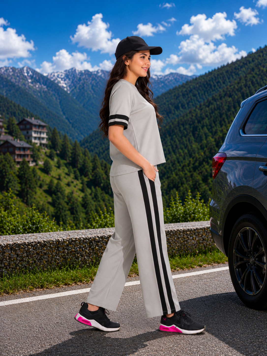 Woman in a gray tracksuit with black stripes standing next to a car in a mountainous area.