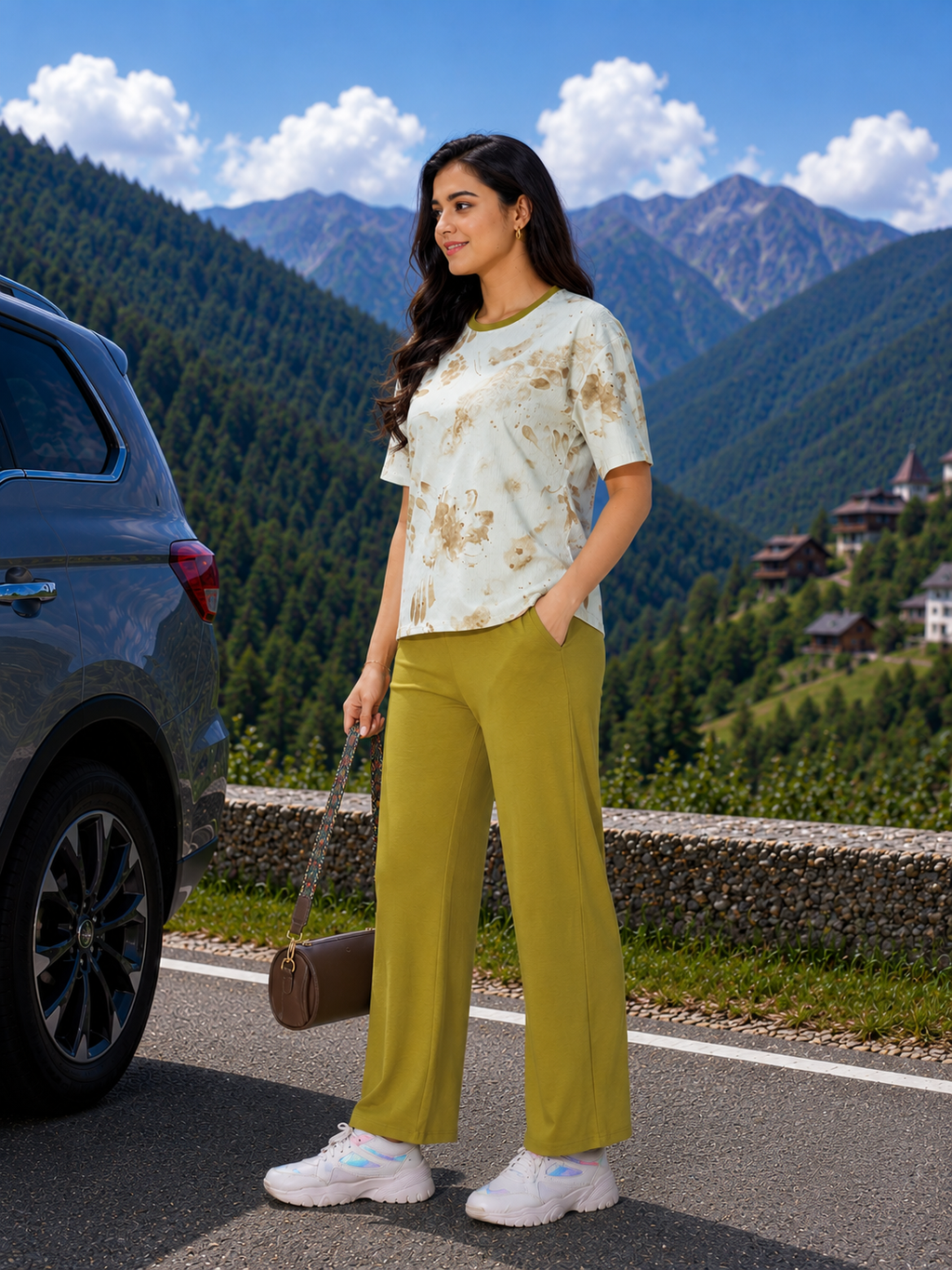 Woman standing by a car with mountains in the background