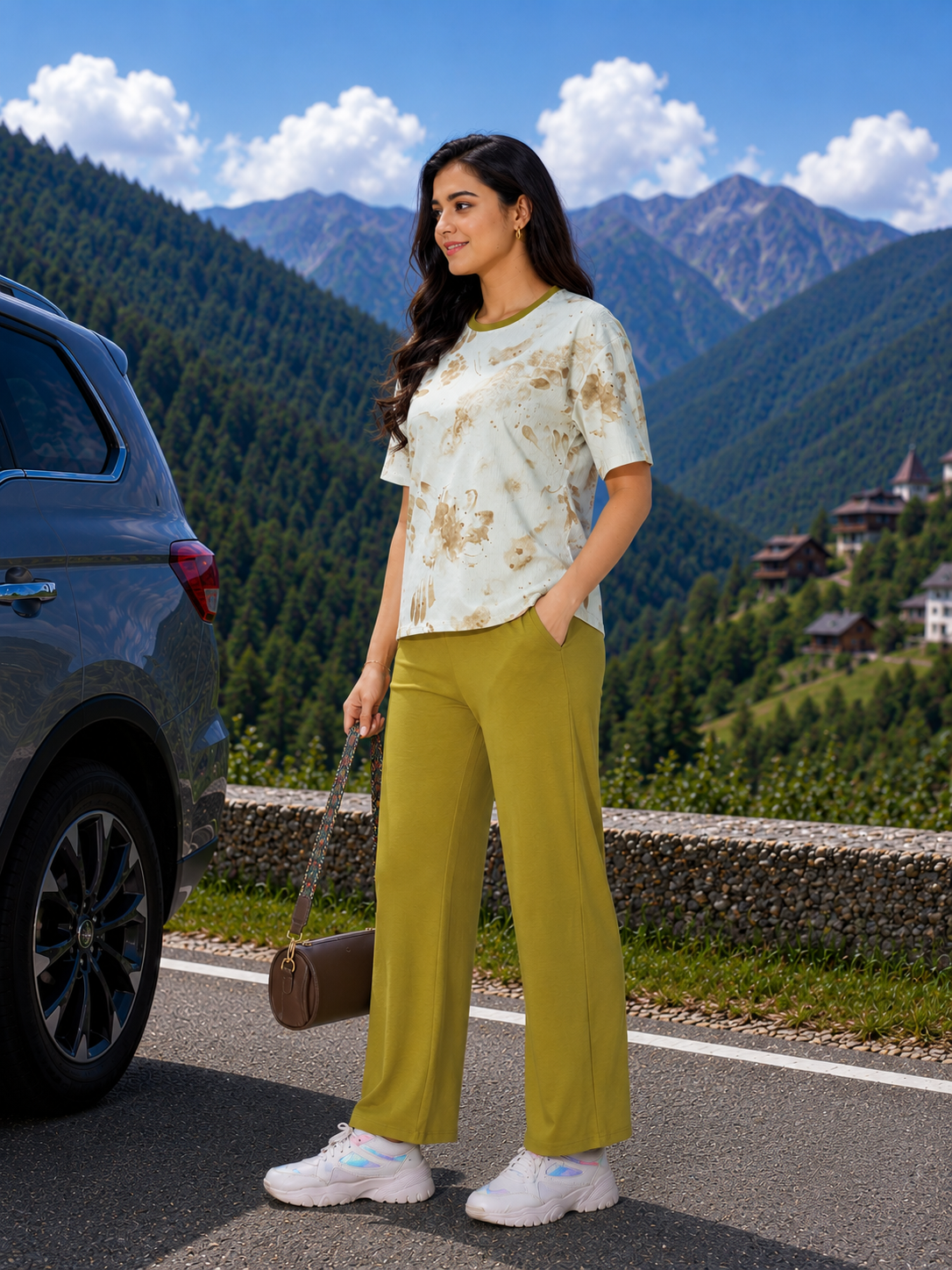 Woman standing by a car with mountains in the background