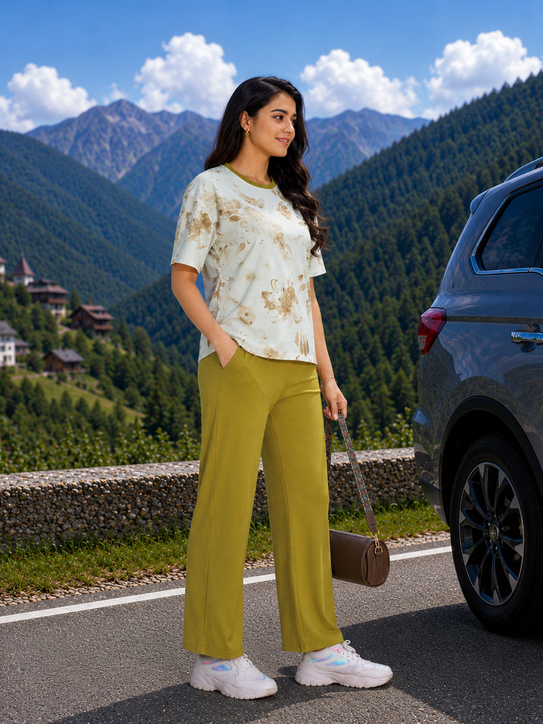Woman standing by a car with mountains in the background