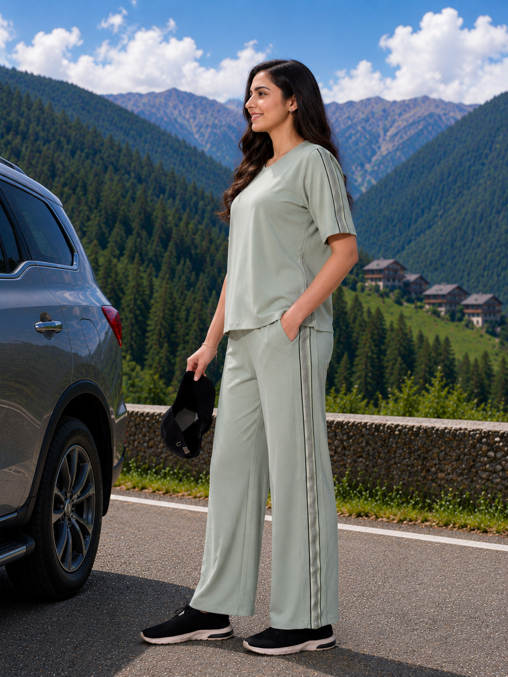 Woman in a light green outfit standing next to a car with mountains in the background