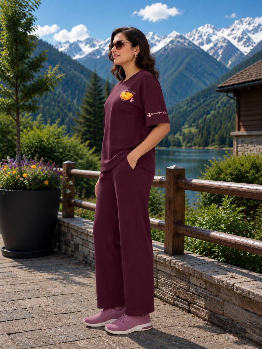 A woman wearing a matching burgundy lounge set with a small yellow and orange graphic on the chest, standing on a stone patio with a scenic mountain and lake background.