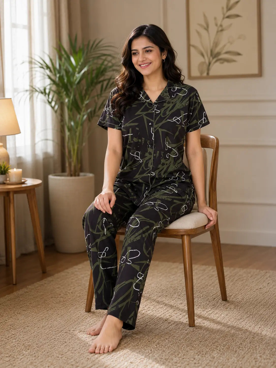 Dark Brown Abstract Botanical Nightsuit Set