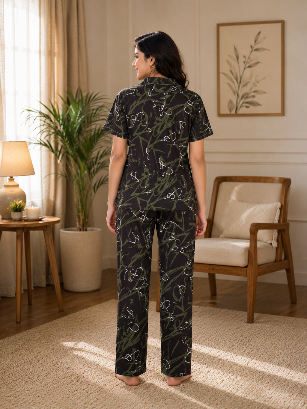 Dark Brown Abstract Botanical Nightsuit Set