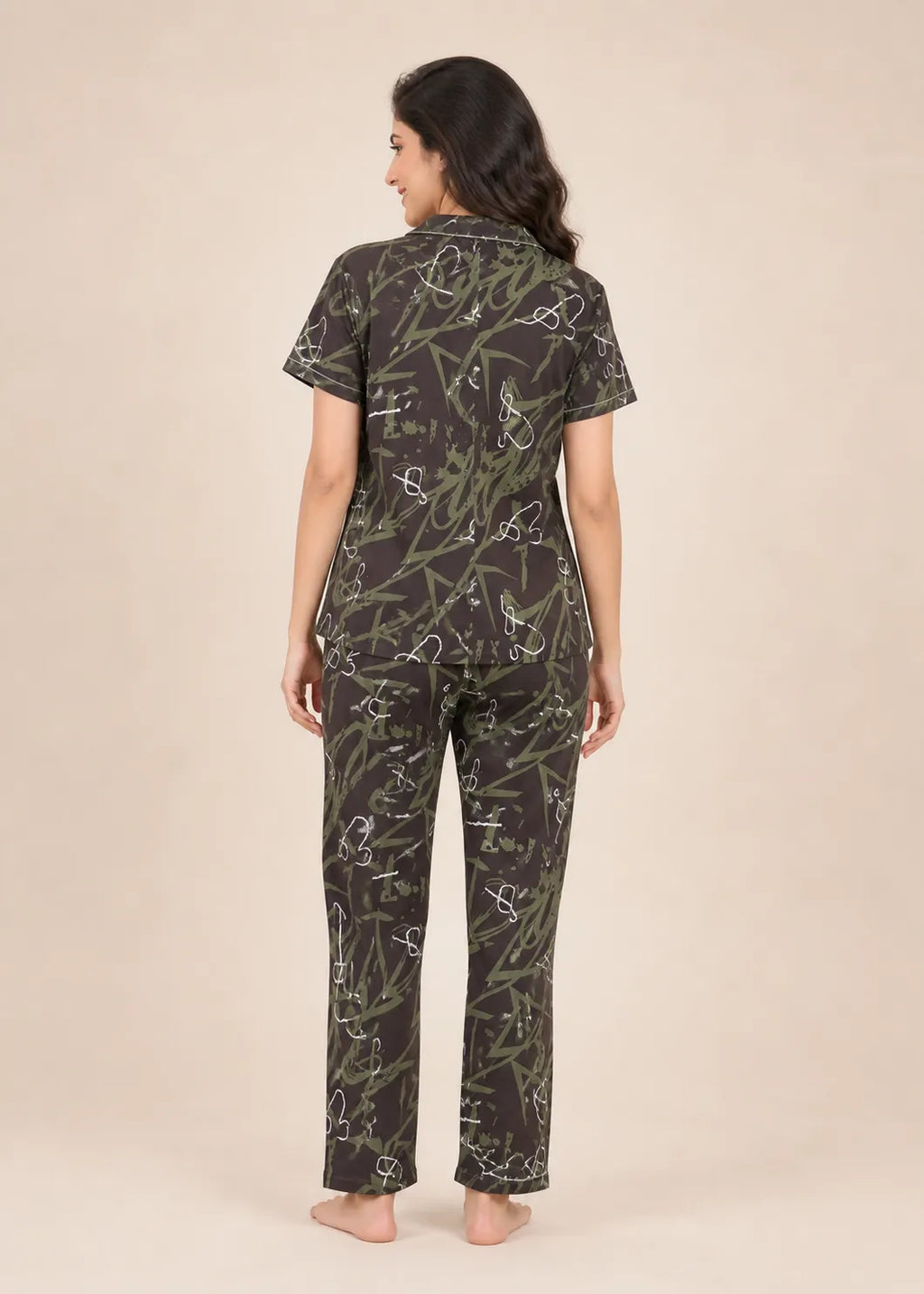 Dark Brown Abstract Botanical Pyjama Set