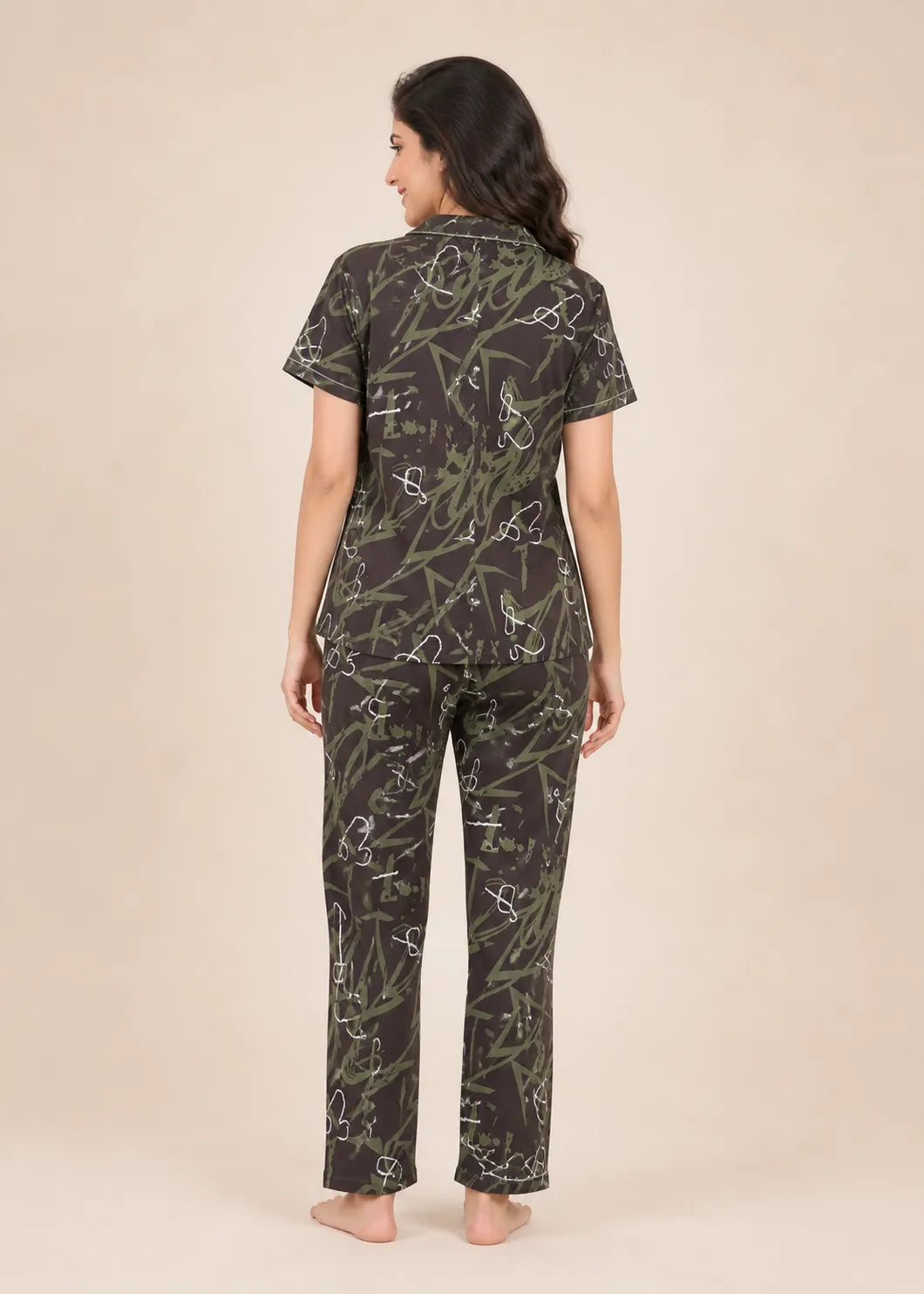 Dark Brown Abstract Botanical Pyjama Set