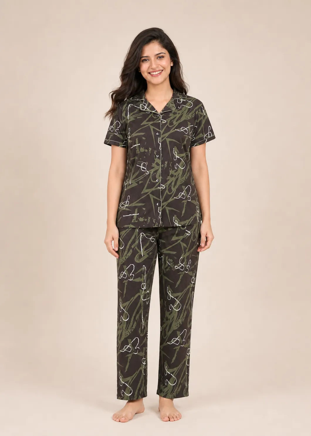 Dark Brown Abstract Botanical Pyjama Set