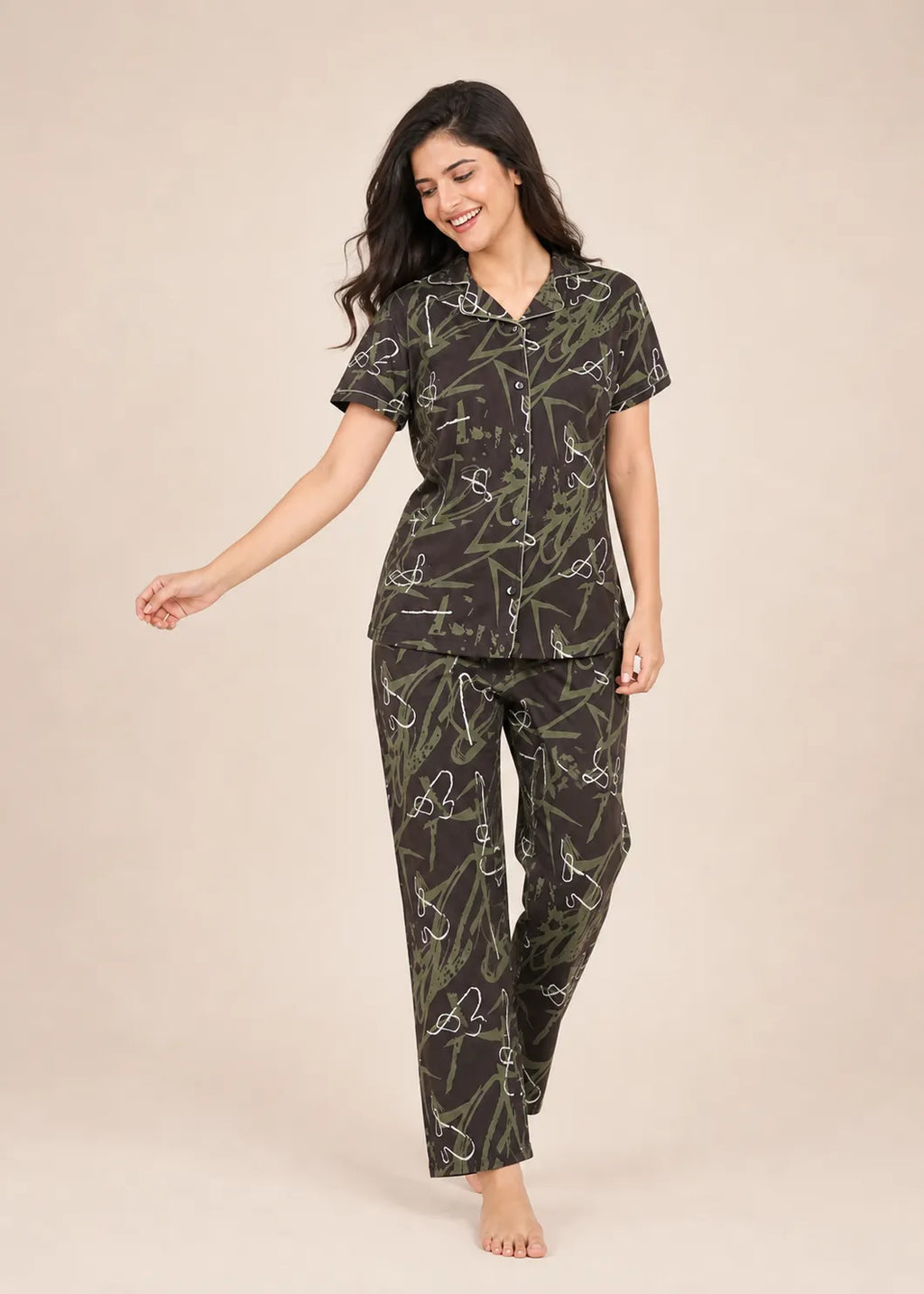 Dark Brown Abstract Botanical Pyjama Set
