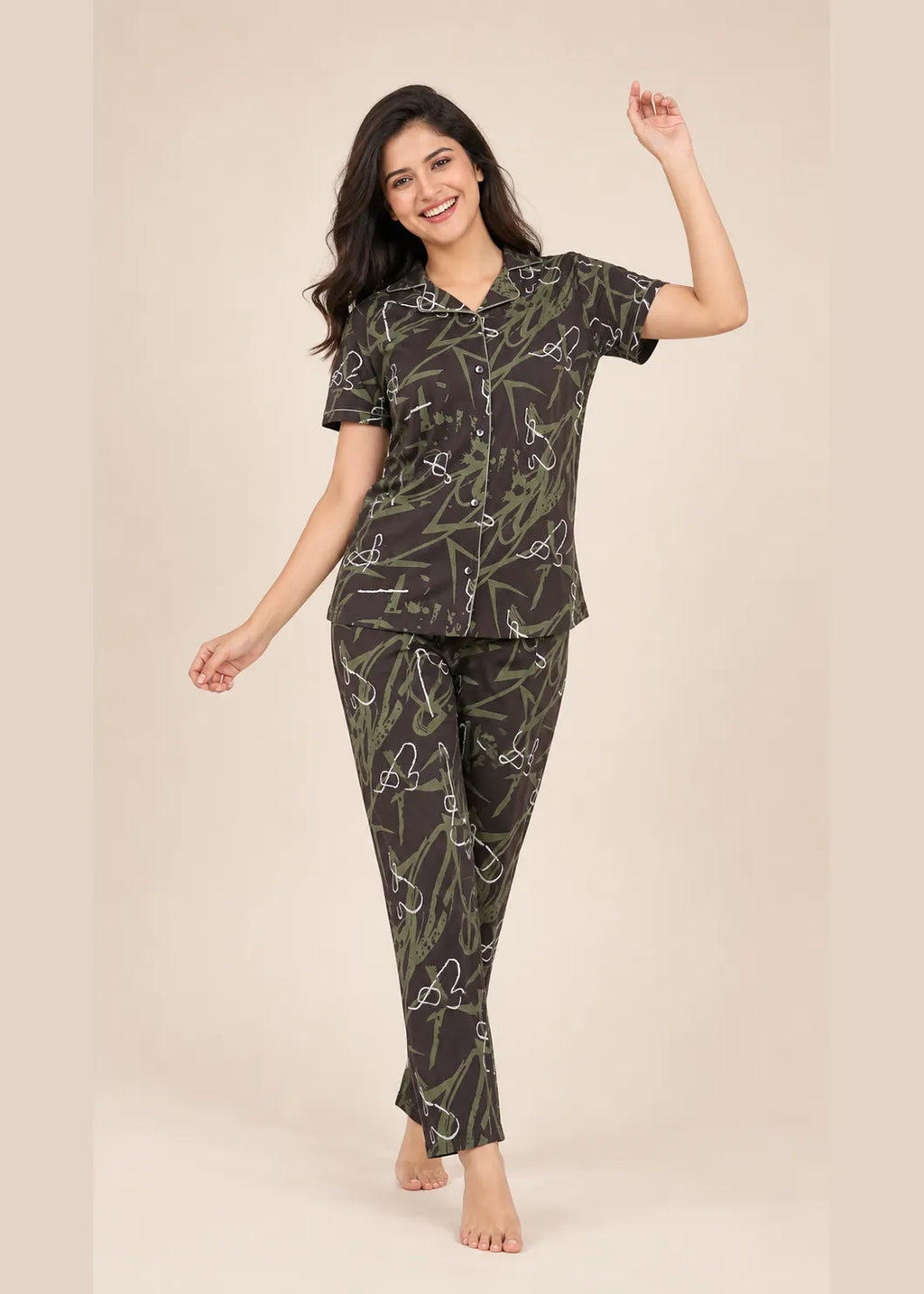 Dark Brown Abstract Botanical Pyjama Set