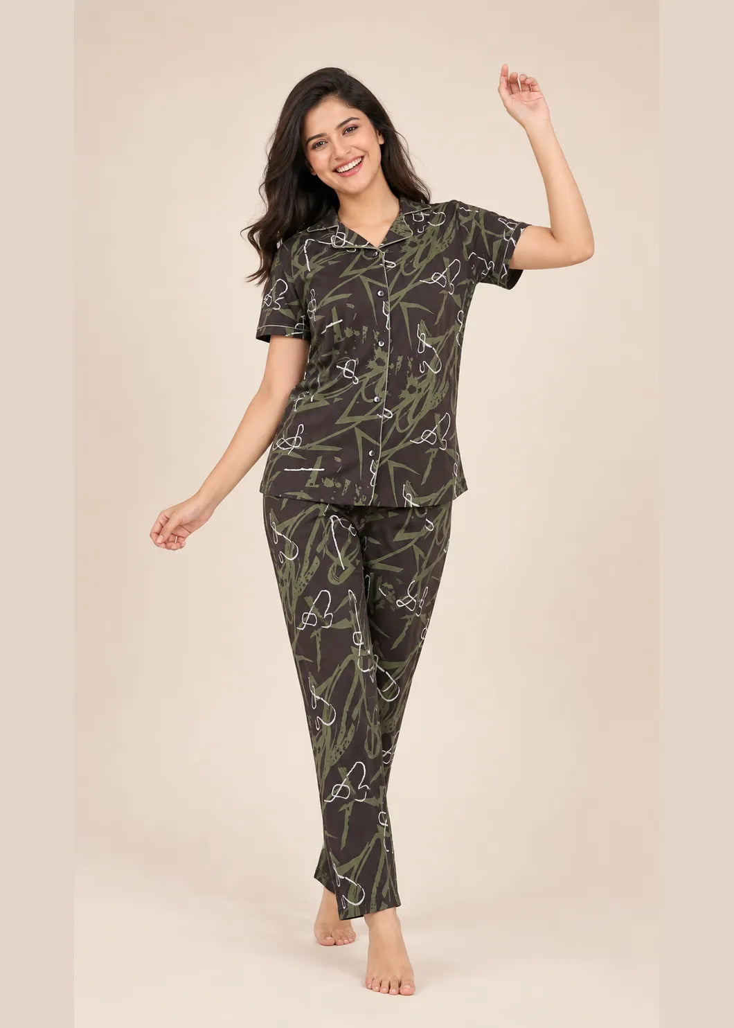 Dark Brown Abstract Botanical Pyjama Set
