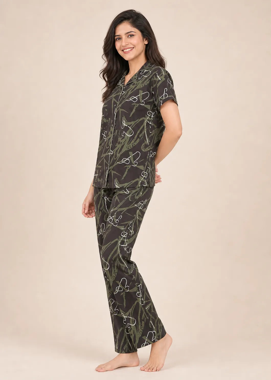 Dark Brown Abstract Botanical Pyjama Set
