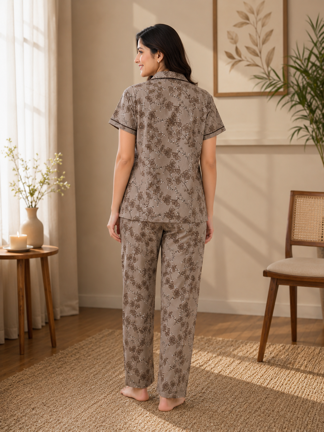 Taupe Floral Outline Nightsuit Set