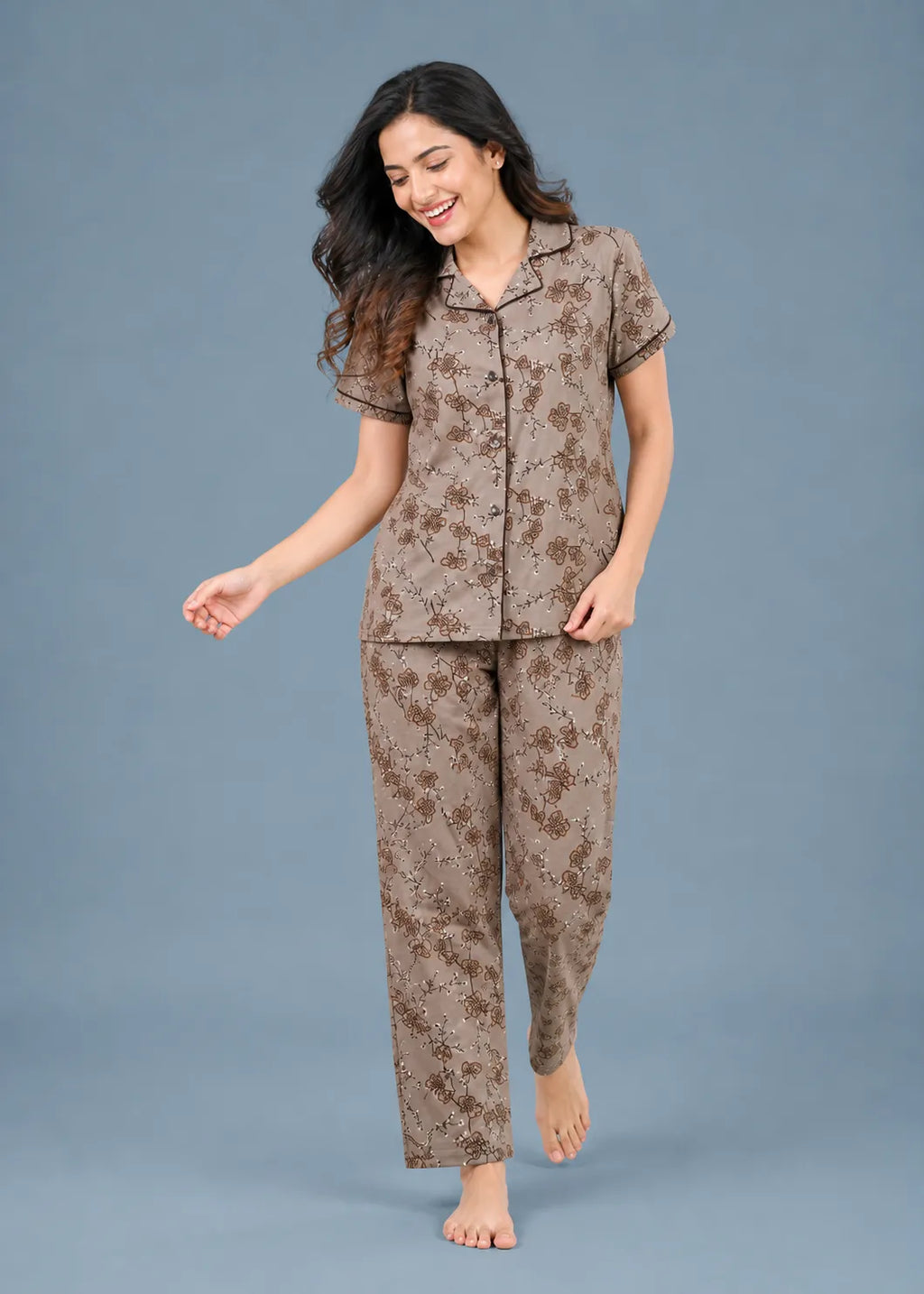 Taupe Floral Outline Pyjama Set