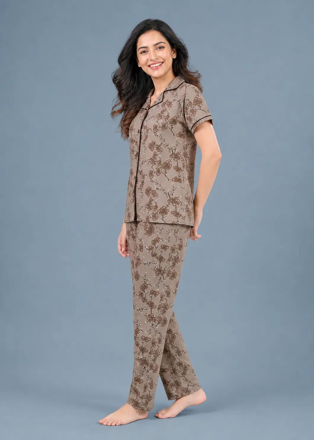 Taupe Floral Outline Pyjama Set