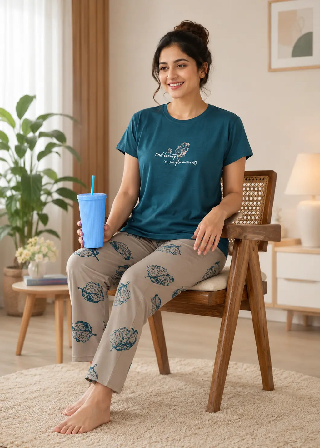 Teal and Taupe Leaf Graphic Nightsuit Set