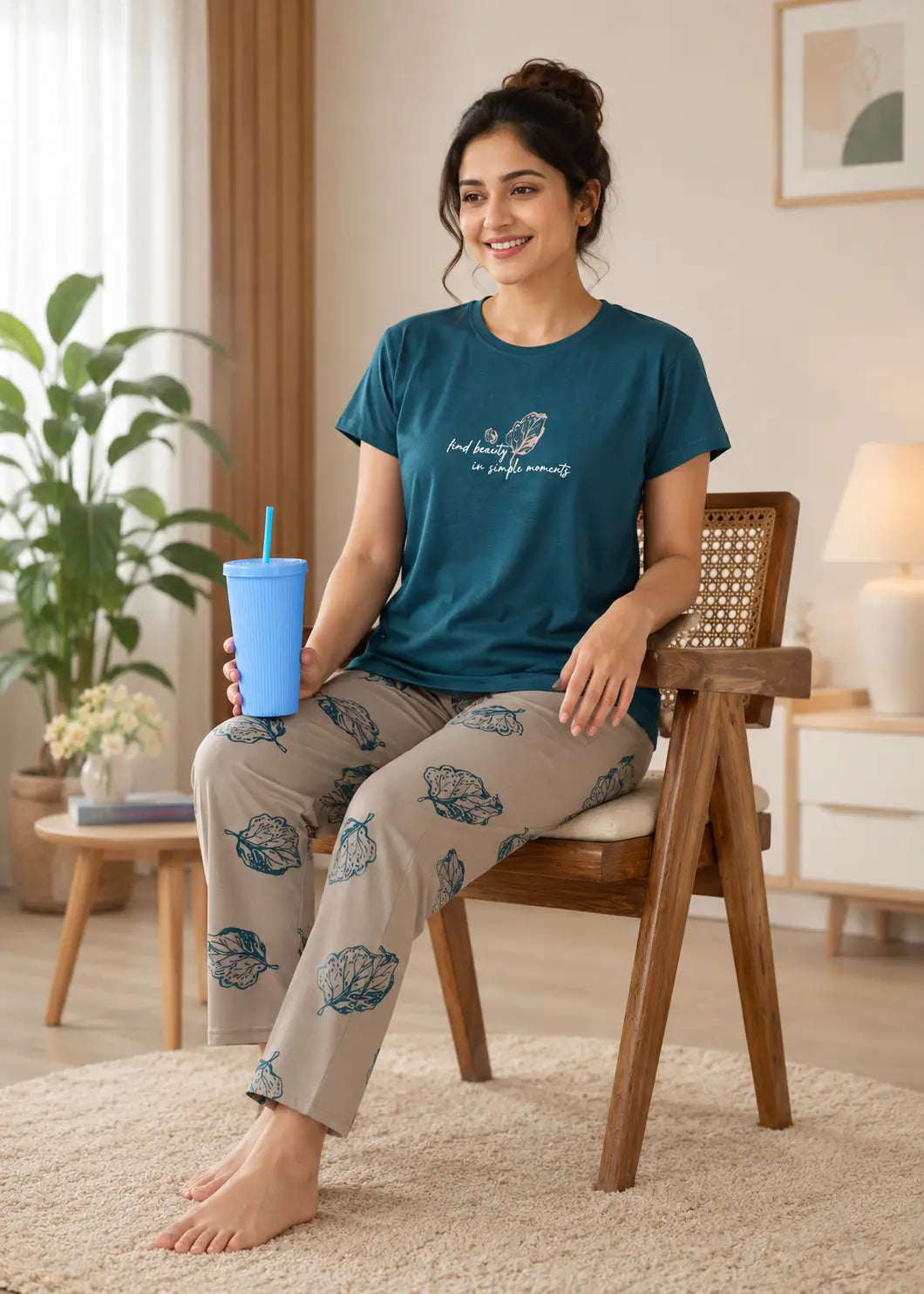 Teal and Taupe Leaf Graphic Nightsuit Set