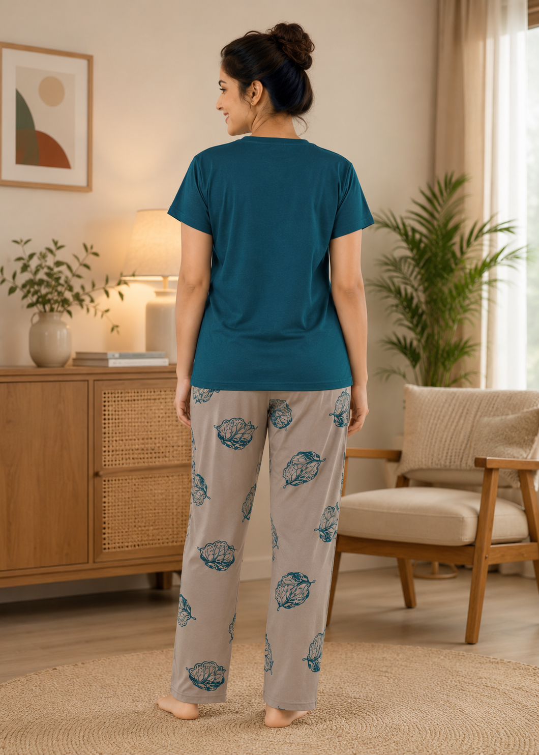 Teal and Taupe Leaf Graphic Nightsuit Set