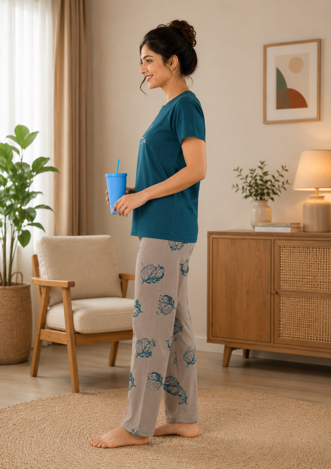 Teal and Taupe Leaf Graphic Nightsuit Set