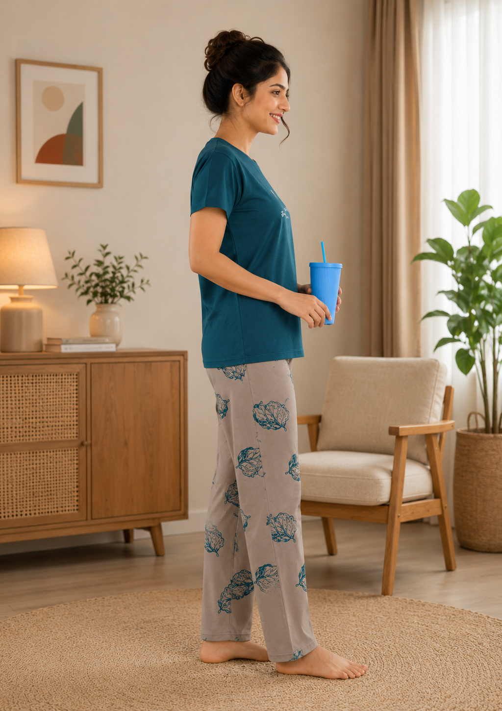 Teal and Taupe Leaf Graphic Nightsuit Set