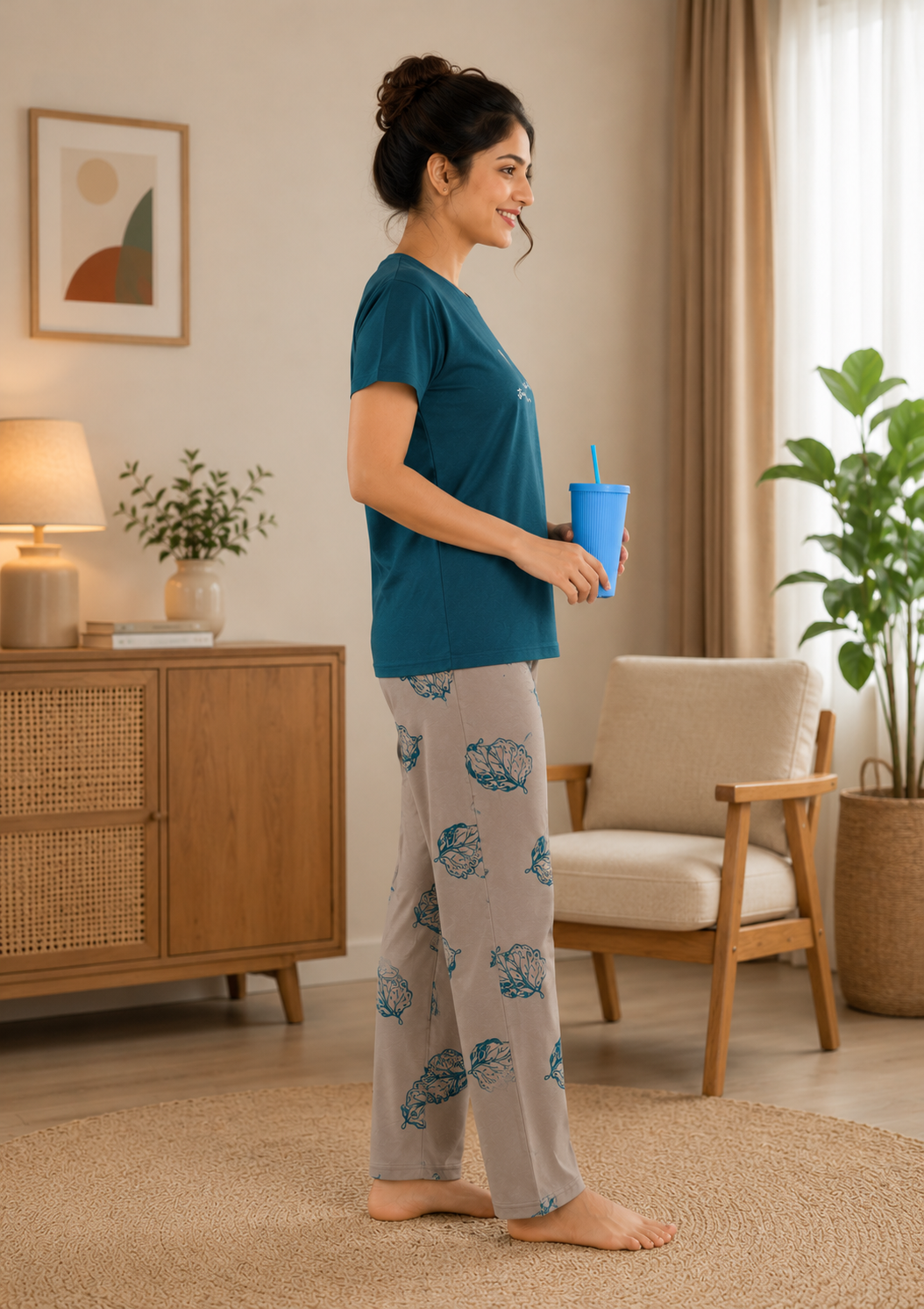 Teal and Taupe Leaf Graphic Nightsuit Set