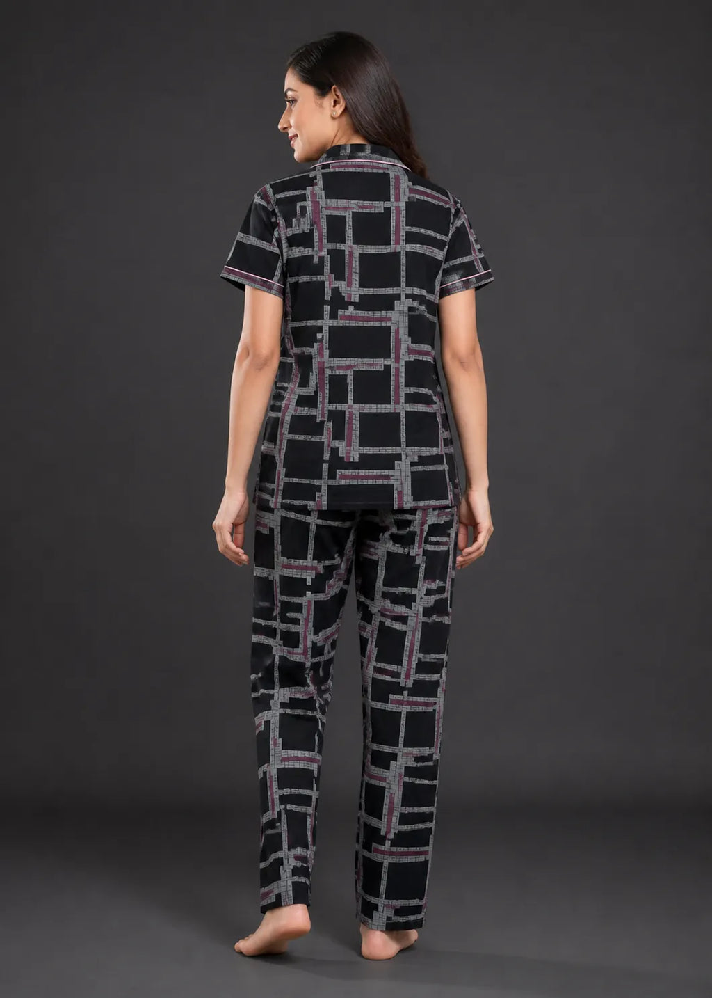 Black Geometric Grid Pajama Set