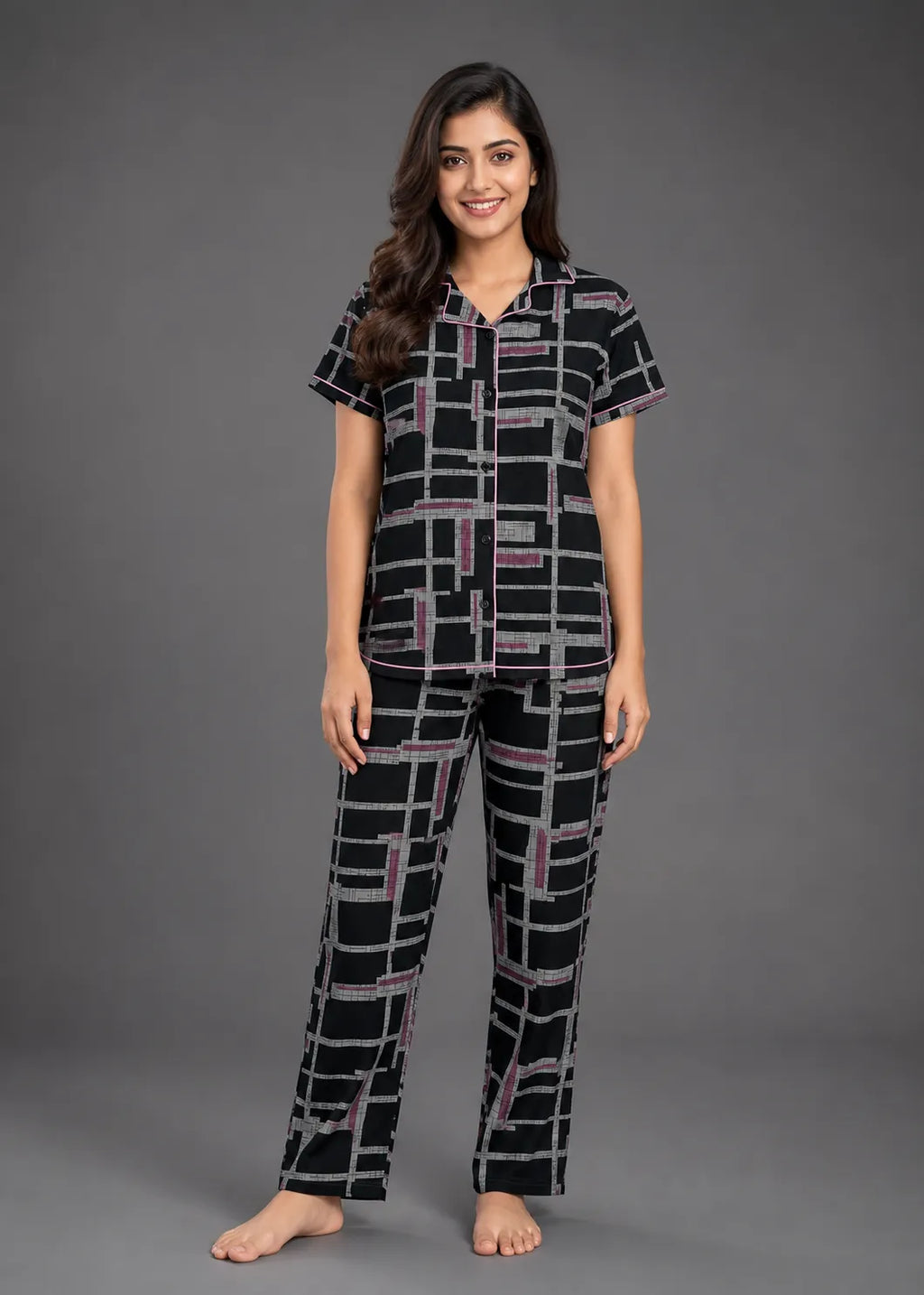 Black Geometric Grid Pajama Set