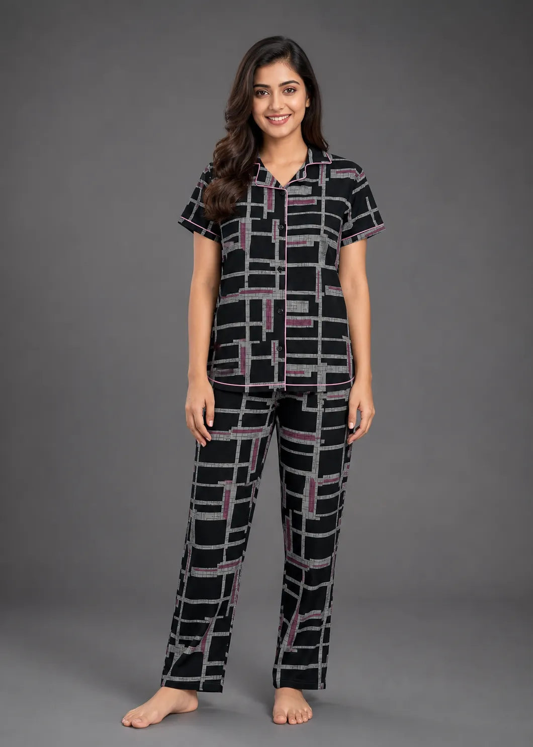 Black Geometric Grid Pajama Set