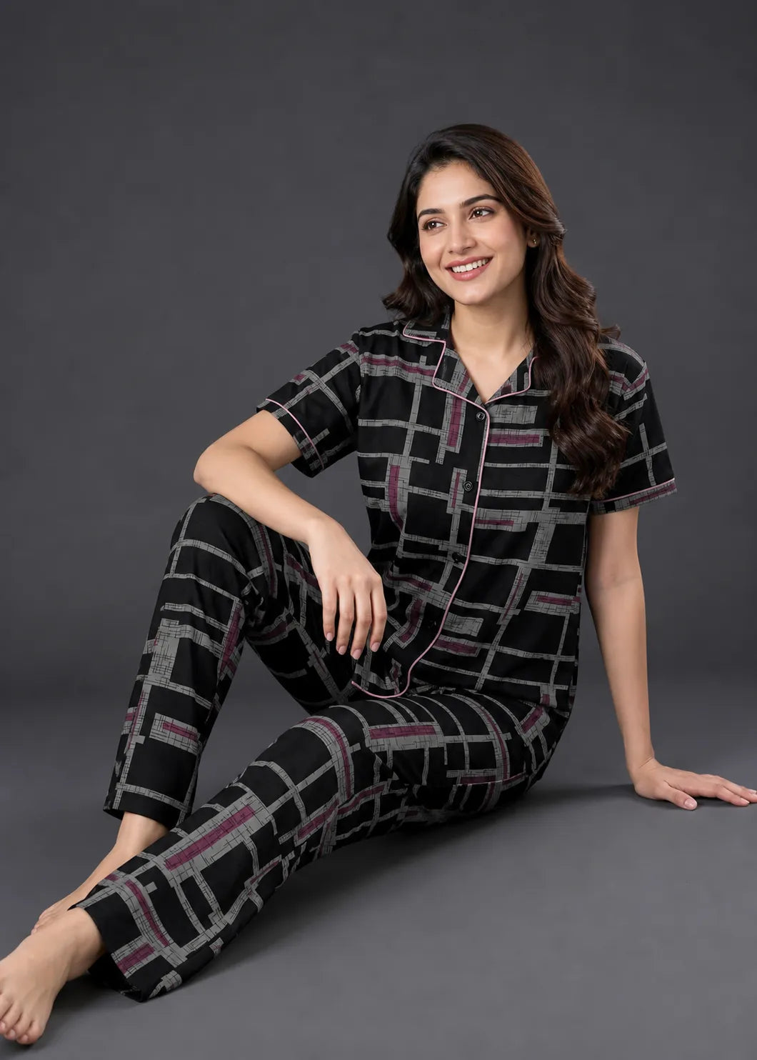 Black Geometric Grid Pajama Set
