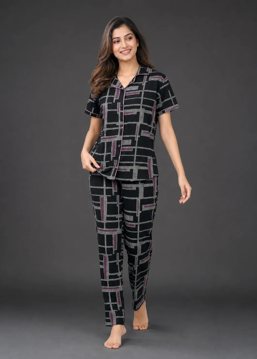 Black Geometric Grid Pajama Set